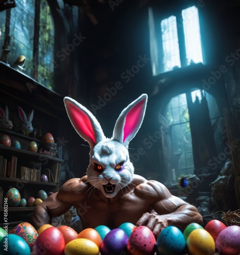 Dark Easter - Evil Sinister Surreal Easter Bunny with Colorful Eggs photo