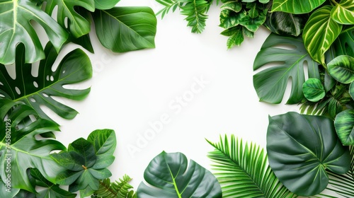 Tropical Leaf Border with White Center Space, An elegant frame composed of various tropical leaves with a central white space for design versatility.