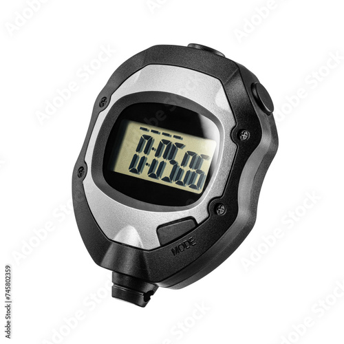 Electronic black plastic stopwatch with five seconds on the screen isolated. Transparent PNG image. photo