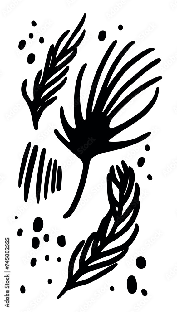 Fototapeta premium Set of leaves for engraving. Silhouettes of plants. Vector illustration. Decorative elements for postcard design. Random raindrops. Hand shading. Cartoon illustration. Wind-bent plants