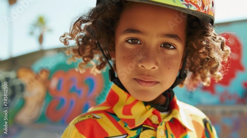 Young child with curly hair wearing a colorful helmet and shirt standing in front of a vibrant graffiti wall.