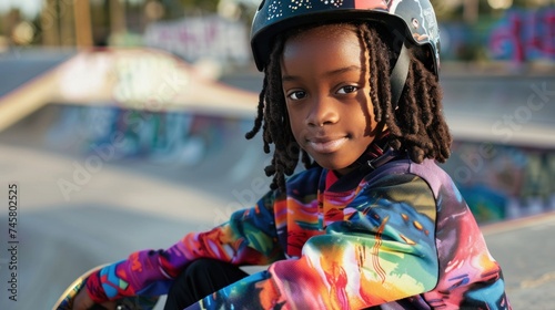 Young skateboarder with a vibrant colorful jacket and protective helmet posing confidently at a skate park.
