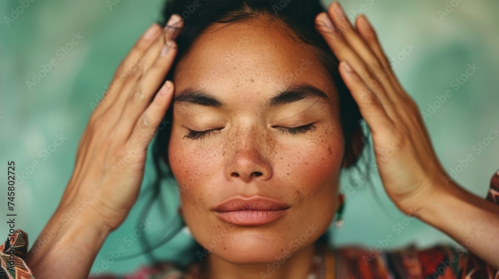 A woman with closed eyes resting her hands on her forehead against a blurred green background exuding a sense of relaxation or contemplation. A woman with closed eyes resting her hands on her forehead against a blurred green background exuding a sense of relaxation or contemplation.