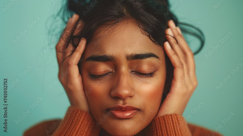 A woman with her eyes closed resting her head on her hands against a teal background wearing a cozy orange sweater conveying a sense of relaxation or contemplation. A woman with her eyes closed resting her head on her hands against a teal background wearing a cozy orange sweater conveying a sense of relaxation or contemplation.