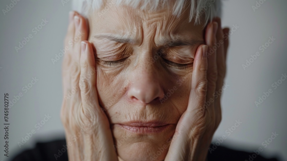 An elderly person with white hair closed eyes and hands pressed against their face possibly in a state of distress or deep thought. An elderly person with white hair closed eyes and hands pressed against their face possibly in a state of distress or deep thought.
