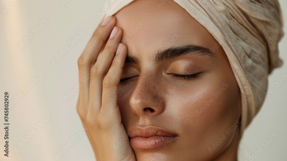 A woman with closed eyes a serene expression and a hand gently resting on her forehead adorned with a soft beige headscarf. A woman with closed eyes a serene expression and a hand gently resting on her forehead adorned with a soft beige headscarf.