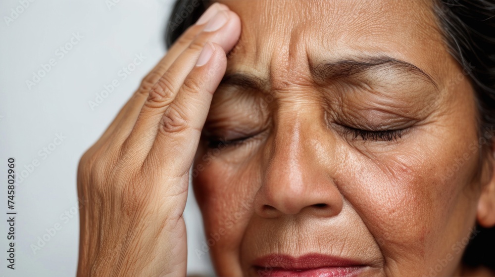 An elderly woman with closed eyes pressing her hand against her forehead possibly in a state of distress or deep thought. An elderly woman with closed eyes pressing her hand against her forehead possibly in a state of distress or deep thought.