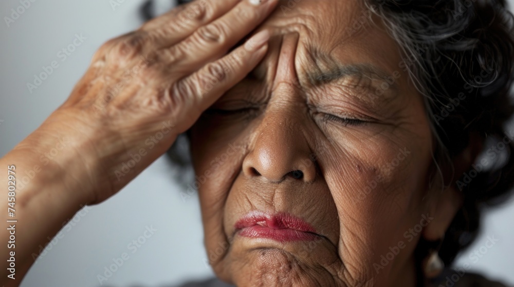 Fototapeta premium An elderly woman with closed eyes her hand resting on her forehead conveying a sense of distress or deep thought.