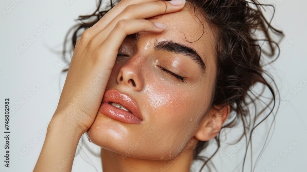 A woman with closed eyes her hand on her forehead with glossy lips and a glossy complexion against a white background. A woman with closed eyes her hand on her forehead with glossy lips and a glossy complexion against a white background.