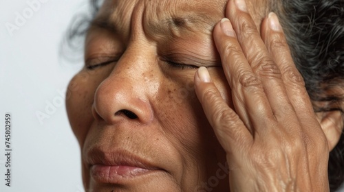 A close-up of a person with their eyes closed resting their head on their hand conveying a sense of contem plation or tiredness.