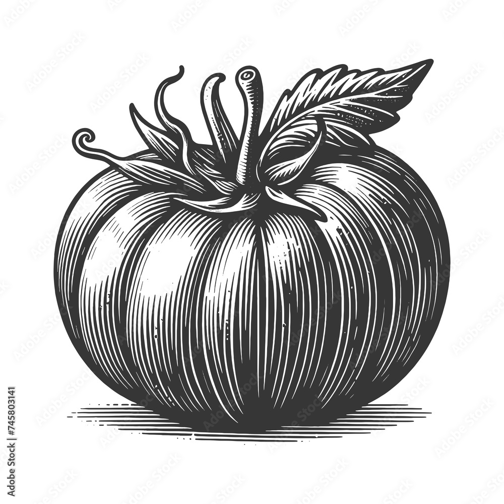 Tomato food plant sketch engraving generative ai raster illustration. Scratch board imitation. Black and white image.