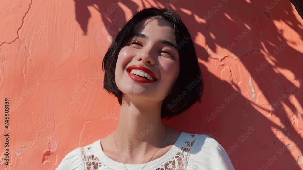 Smiling woman with short hair and red lipstick wearing a white lace top leaning against a peach-colored wall with shadows from leaves.