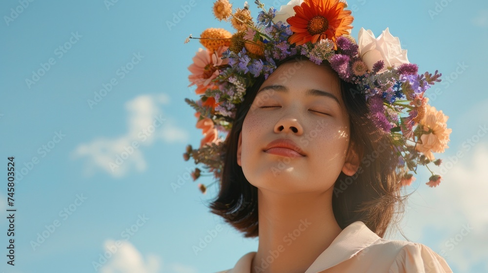 A serene woman with closed eyes adorned with a vibrant floral crown basking in the warmth of a sunny day with a clear blue sky and fluffy clouds in the background.