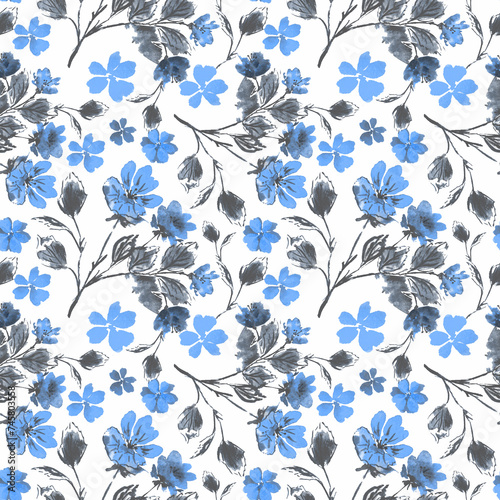 Seamless retro floral pattern. Blue flowers with gray leaves on a white background.