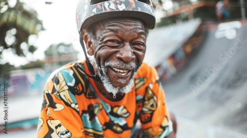 Old man with a big smile wearing a colorful shirt and a helmet at a skate park.