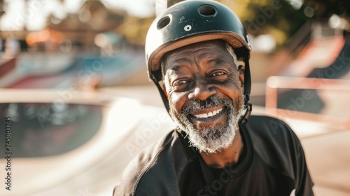 An elderly man with a beard and a black helmet smiling at the camera standing in a skate park.