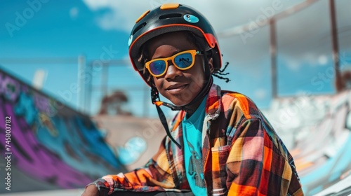 Young skateboarder in vibrant plaid jacket orange helmet and sunglasses smiling at camera posing on skate ramp with colorful graffiti in background. © iuricazac