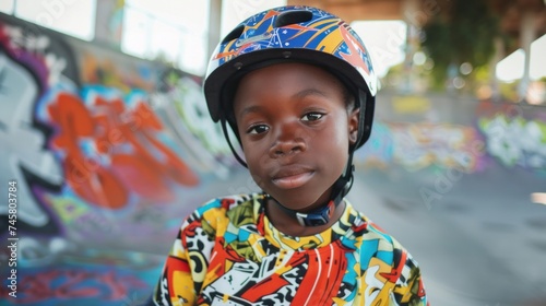 Young child wearing a colorful helmet and shirt standing in front of a vibrant graffiti wall.