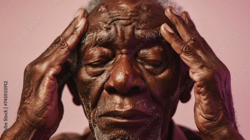 An elderly man with closed eyes resting his hands on his temples conveying a sense of deep thought or contemplation.