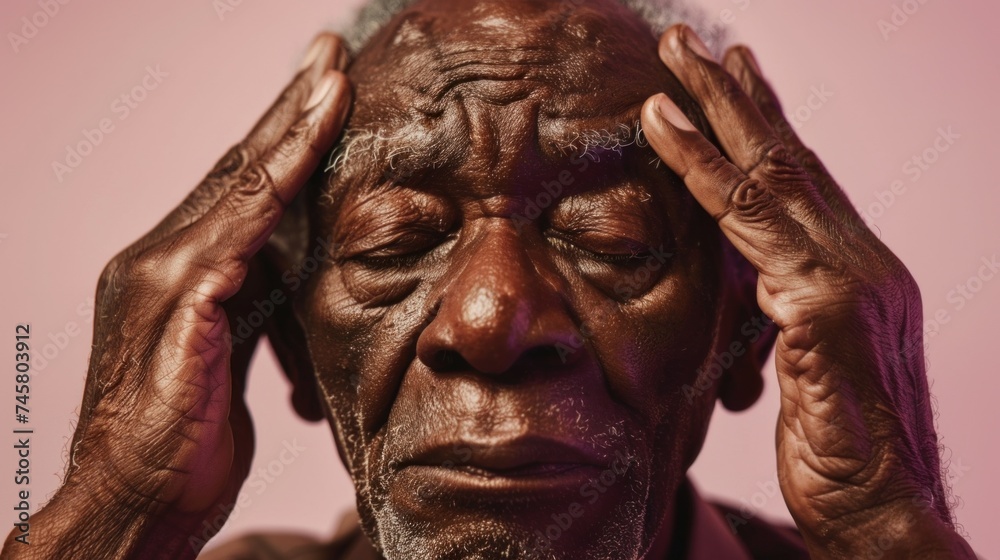 An elderly man with closed eyes resting his hands on his temples conveying a sense of deep thought or contemplation. An elderly man with closed eyes resting his hands on his temples conveying a sense of deep thought or contemplation.