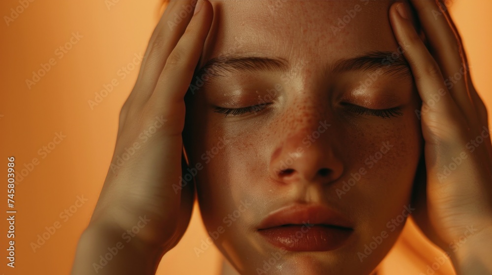 A person with closed eyes resting their hands on their forehead possibly indicating a moment of deep thought or contemplation. A person with closed eyes resting their hands on their forehead possibly indicating a moment of deep thought or contemplation.