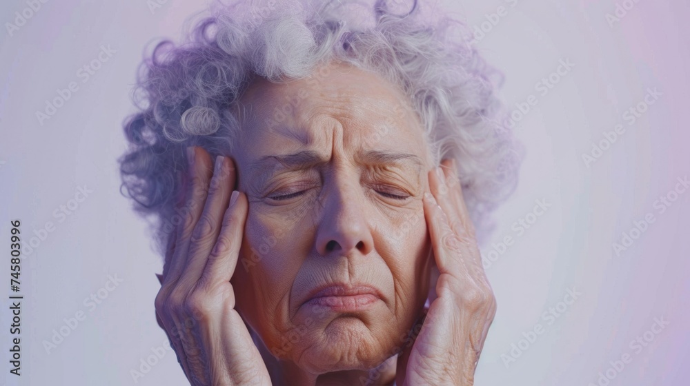 An elderly woman with curly hair closed eyes and a hand on her forehead expressing distress or deep thought.