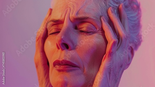 A woman with closed eyes pressing her hands against her temples conveying a sense of stress or discomfort set against a soft pink background.