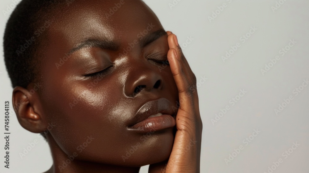 A close-up of a person with closed eyes resting their head on their hand showcasing a serene and contemplative expression.