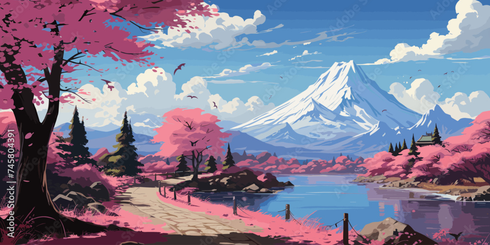 a lakeside walkway with beautiful mountain scenery in the background in anime style vector - obrazy, fototapety, plakaty 