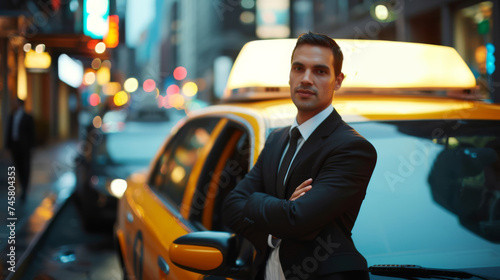 Professional Businessman by Taxi in Bustling City Nightlife, taxi service © petrrgoskov