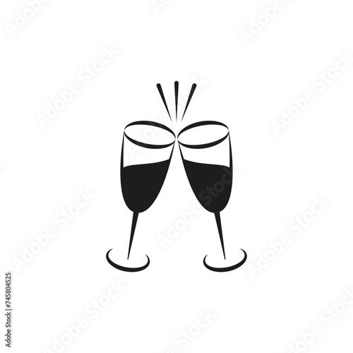 Two glasses of champagne icon. Clink, cheers and toasting. Vector outline and transparent illustration on clear white background.