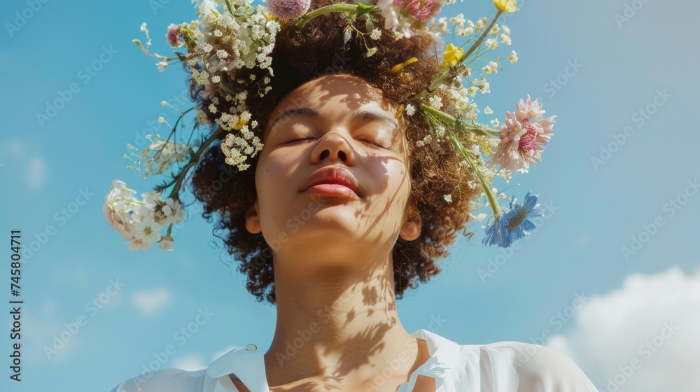 A serene woman with closed eyes adorned with a crown of flowers basking in the sunlight against a clear blue sky.