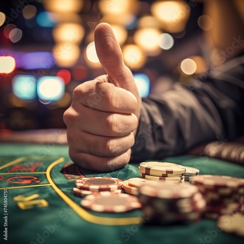 Poker player in the casino shows a thumbs up. Luck in the game