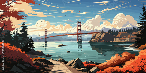 a lakeside walkway with beautiful mountain scenery in the background in anime style vector flat bright color