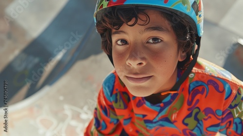 Young skateboarder with curly hair wearing a colorful helmet and shirt looking directly at the camera with a slight smile.