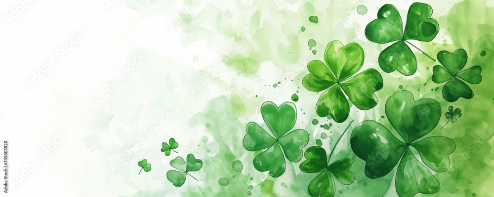 Green watercolor four leaf clovers or shamrocks border with copy space Saint Patrick’s day background. Festive happy holidays St. Paddy's greeting card, invitation, promotion or banner backdrop. 8k. - obrazy, fototapety, plakaty 