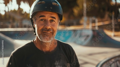 A man with a gray beard and a black helmet smiling at the camera standing in a skate park with ramps and rails in the background.