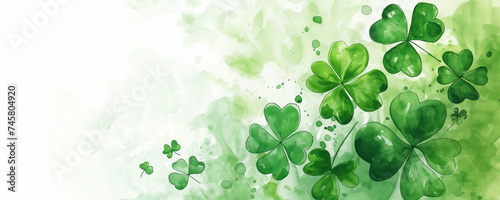 Green watercolor four leaf clovers or shamrocks border with copy space Saint Patrick’s day background. Festive happy holidays St. Paddy's greeting card, invitation, promotion or banner backdrop. 8k.