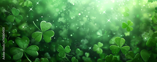 Saint Patrick’s day background. Green soft focus three leaf clovers and shamrocks with glitter and bokeh. Festive happy holidays St. Paddy's greeting card, invitation, promotion or banner backdrop.