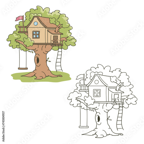 a tree house vector illustrations. Simple Design Outline Style. You can give color you like. drawing with line-art on white backgrounds