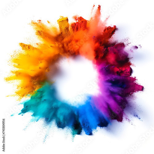 Abstract colorful gulal powder and dust rainbow pigment particles explosion circle border frame. Festive Happy Holi Hindu festival of colours background, greeting card, invitation or banner backdrop.