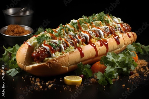 Fresh hot dog with sausage and sauces mayonnaise ketchup and mustard and cabbage, generative IA