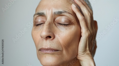 An elderly person with closed eyes resting their head on their hand conveying a sense of contemplation or fatigue.