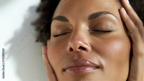 A woman with closed eyes her hands gently resting on her cheeks exuding a sense of serenity and relaxation.