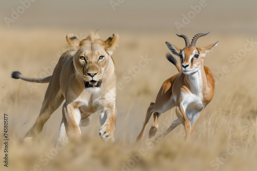 Lion chasing deer. Hunting, wildlife.