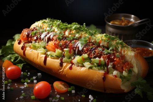 Delicious hot dog with ingredients and in colorful or wooden bottom, generative IA