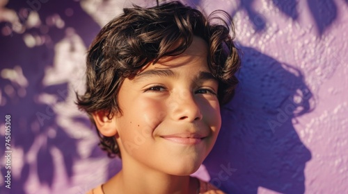 A young boy with curly hair smiling at the camera standing in front of a purple wall with a soft diffused light that creates a gentle shadow on the wall.