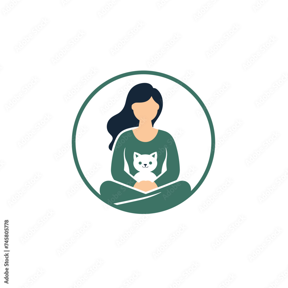 Pet adoption filled teal logo. Animal care. Woman and cat. Design element. Created with artificial intelligence. Ai art for corporate branding, behavior center, pet house, veterinary clinic Pet adoption filled teal logo. Animal care. Woman and cat. Design element. Created with artificial intelligence. Ai art for corporate branding, behavior center, pet house, veterinary clinic