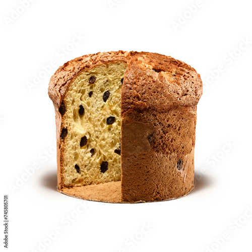 Panettone, an Italian type of sweet bread loaf, with slice cut of reviling chocolate chips or raising inside,  usually prepared and enjoyed for Christmas and New Year. Isolated on white background.  photo