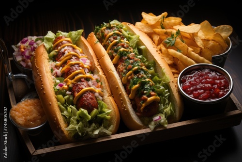 Gourmet grills all hot dogs with side dishes and chips. Delicious and simple hot d, generative IA